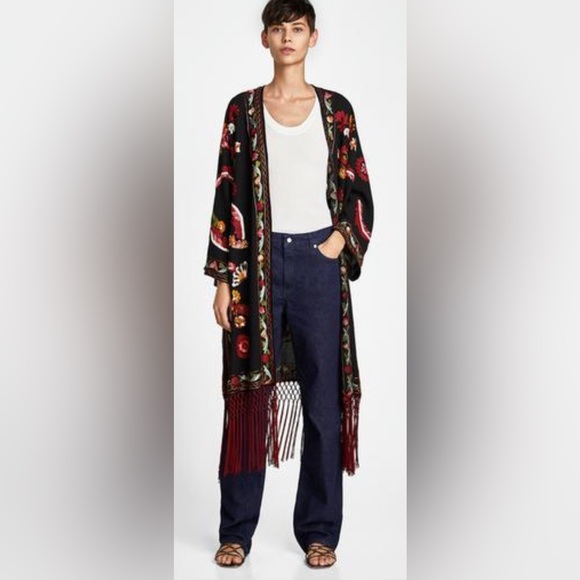 Zara Tops - NWOT Zara Embroidered Floral Fringe Kimono